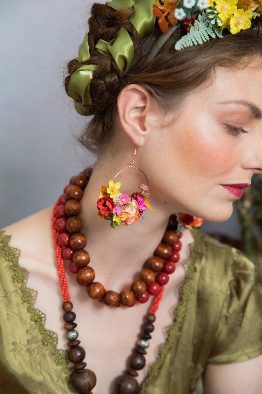 Colorful Flower Circle Earrings: Bridal Wedding Dangle Earrings – handmade floral hair accessory by magaela