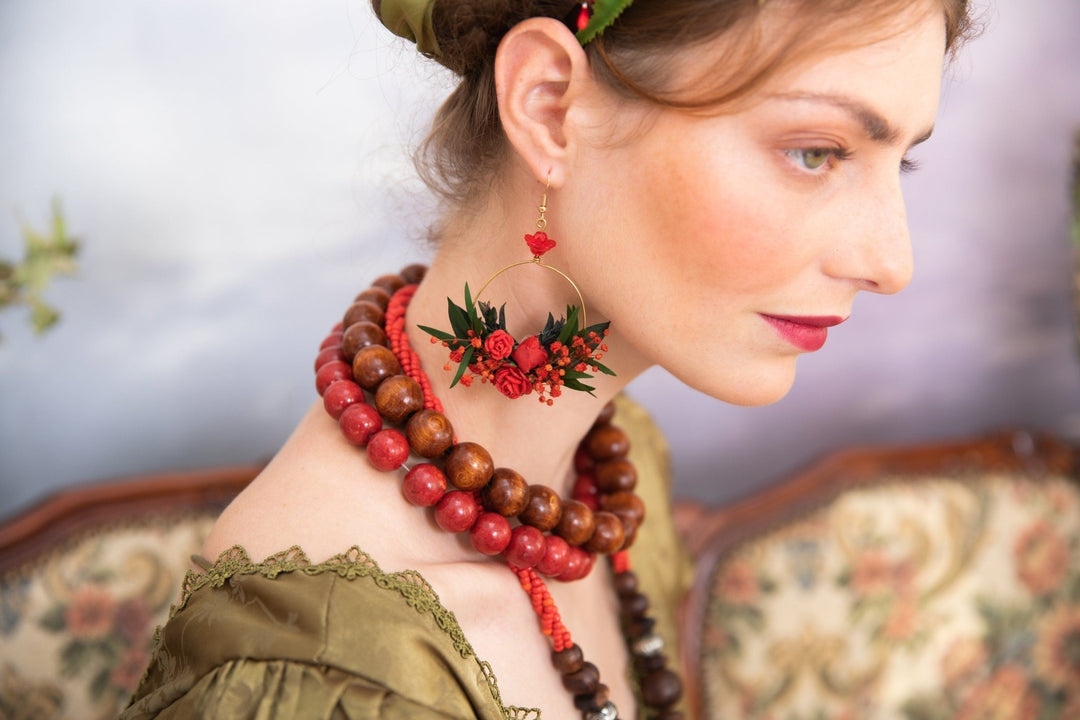 Red Flower Circle Dangle Earrings: Bridal Wedding Jewelry – handmade floral hair accessory by magaela