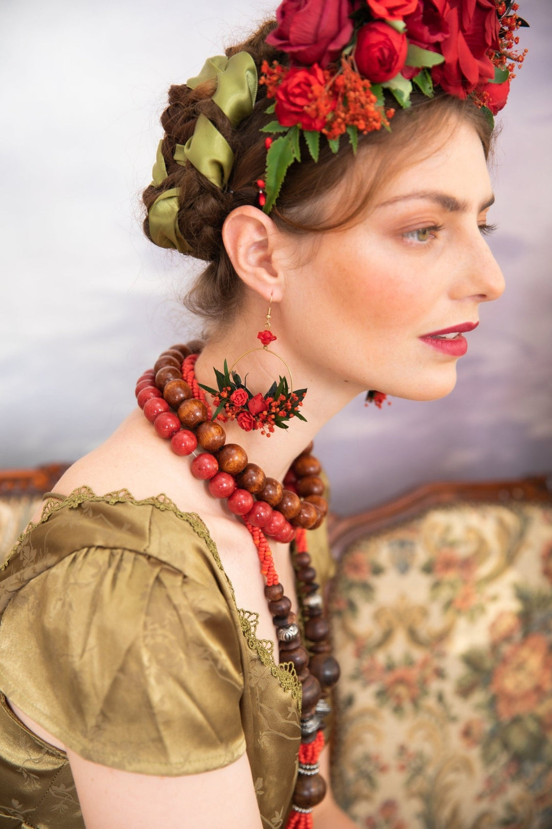 Red Flower Circle Dangle Earrings: Bridal Wedding Jewelry – handmade floral hair accessory by magaela