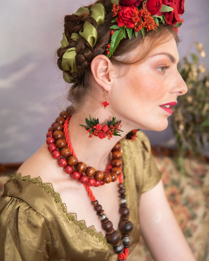Red Flower Circle Dangle Earrings: Bridal Wedding Jewelry – handmade floral hair accessory by magaela