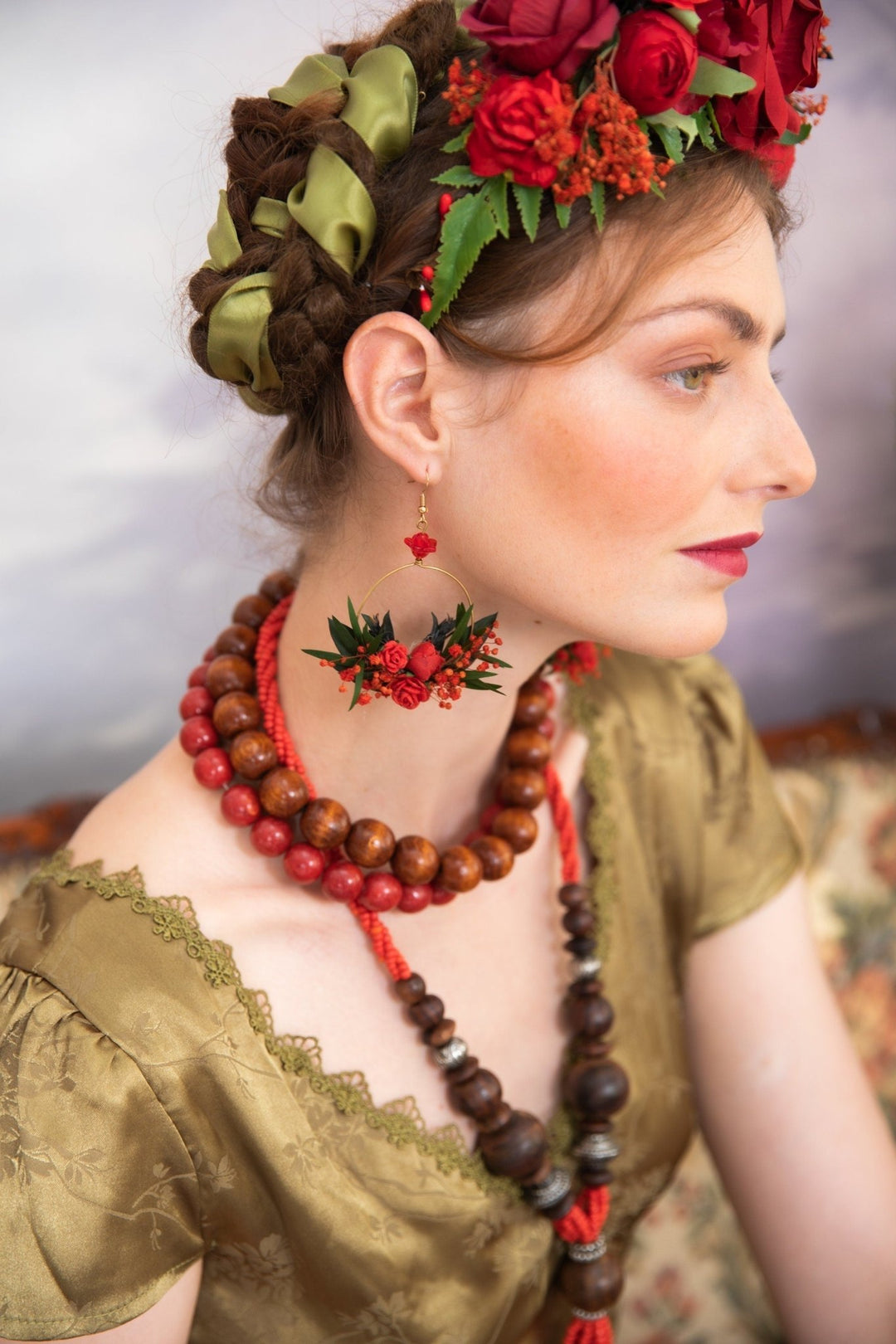 Red Flower Circle Dangle Earrings: Bridal Wedding Jewelry – handmade floral hair accessory by magaela