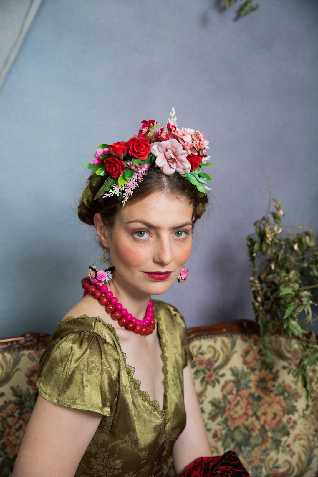 Two - Sided Frida Flower Headband: Pink & Red Wedding Crown – handmade floral hair accessory by magaela