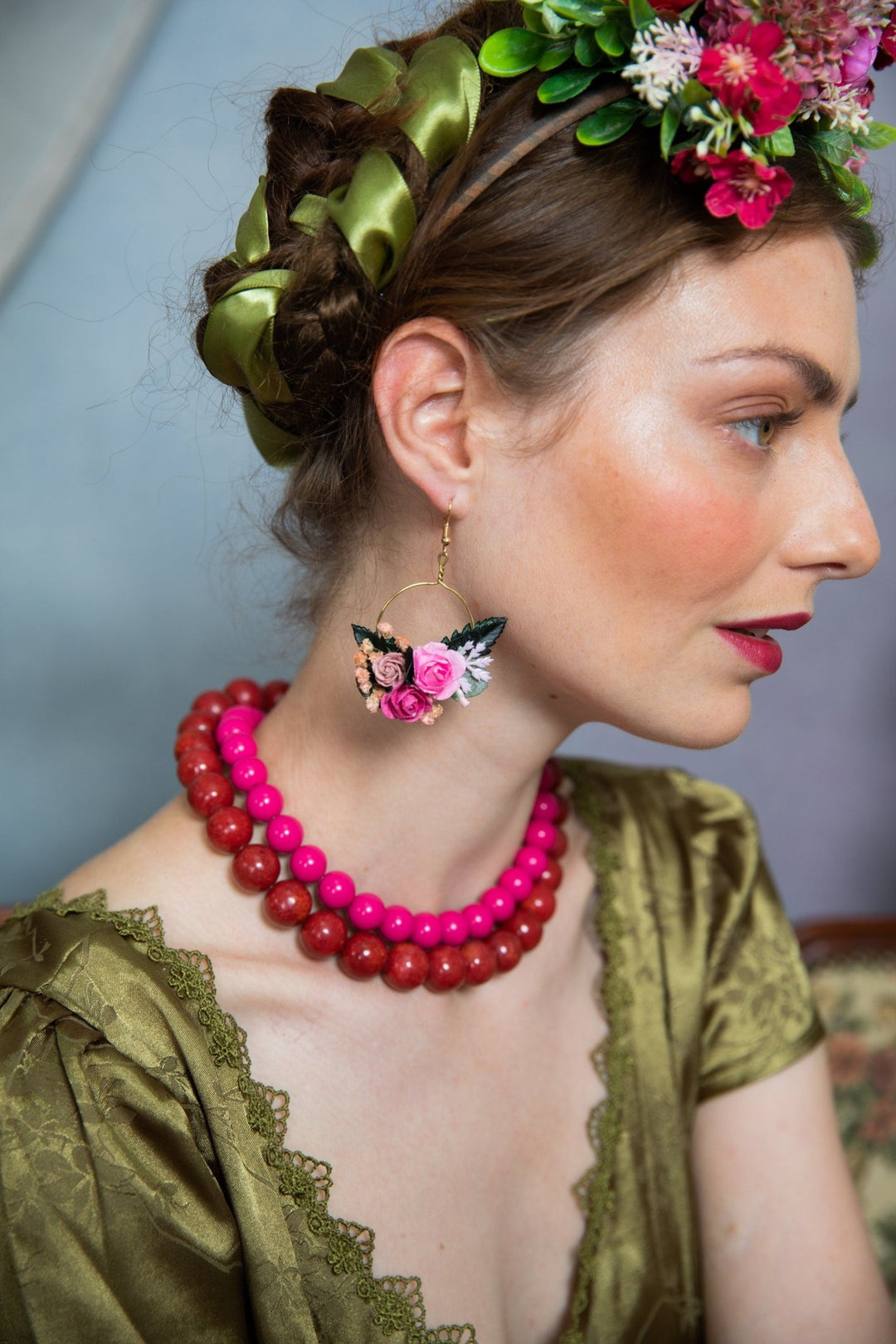 Fuchsia Flower Circle Earrings: Wedding Accessories – handmade floral hair accessory by magaela