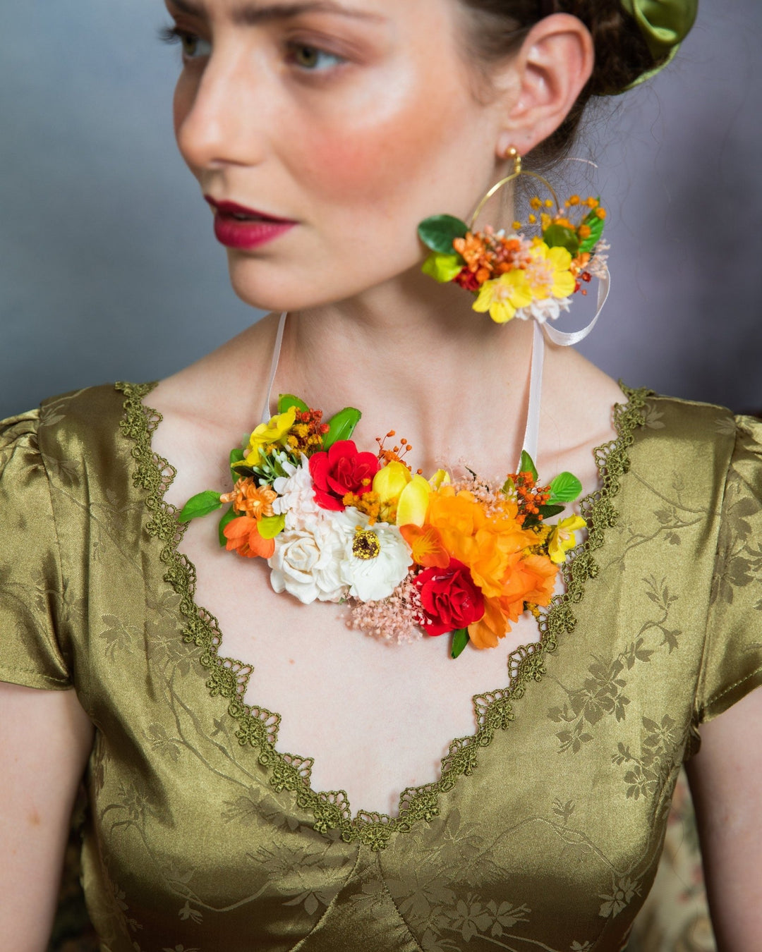 Floral Hoop Earrings: Bridal Wedding Jewelry, Orange Yellow Flowers – handmade floral hair accessory by magaela