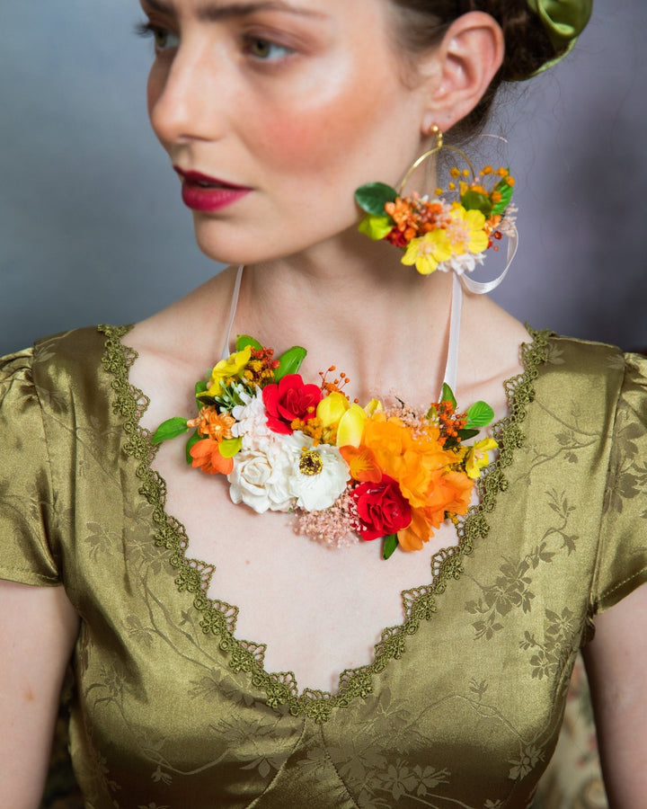 Floral Hoop Earrings: Bridal Wedding Jewelry, Orange Yellow Flowers – handmade floral hair accessory by magaela