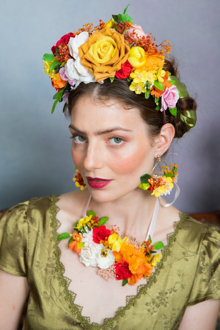 Floral Hoop Earrings: Bridal Wedding Jewelry, Orange Yellow Flowers – handmade floral hair accessory by magaela