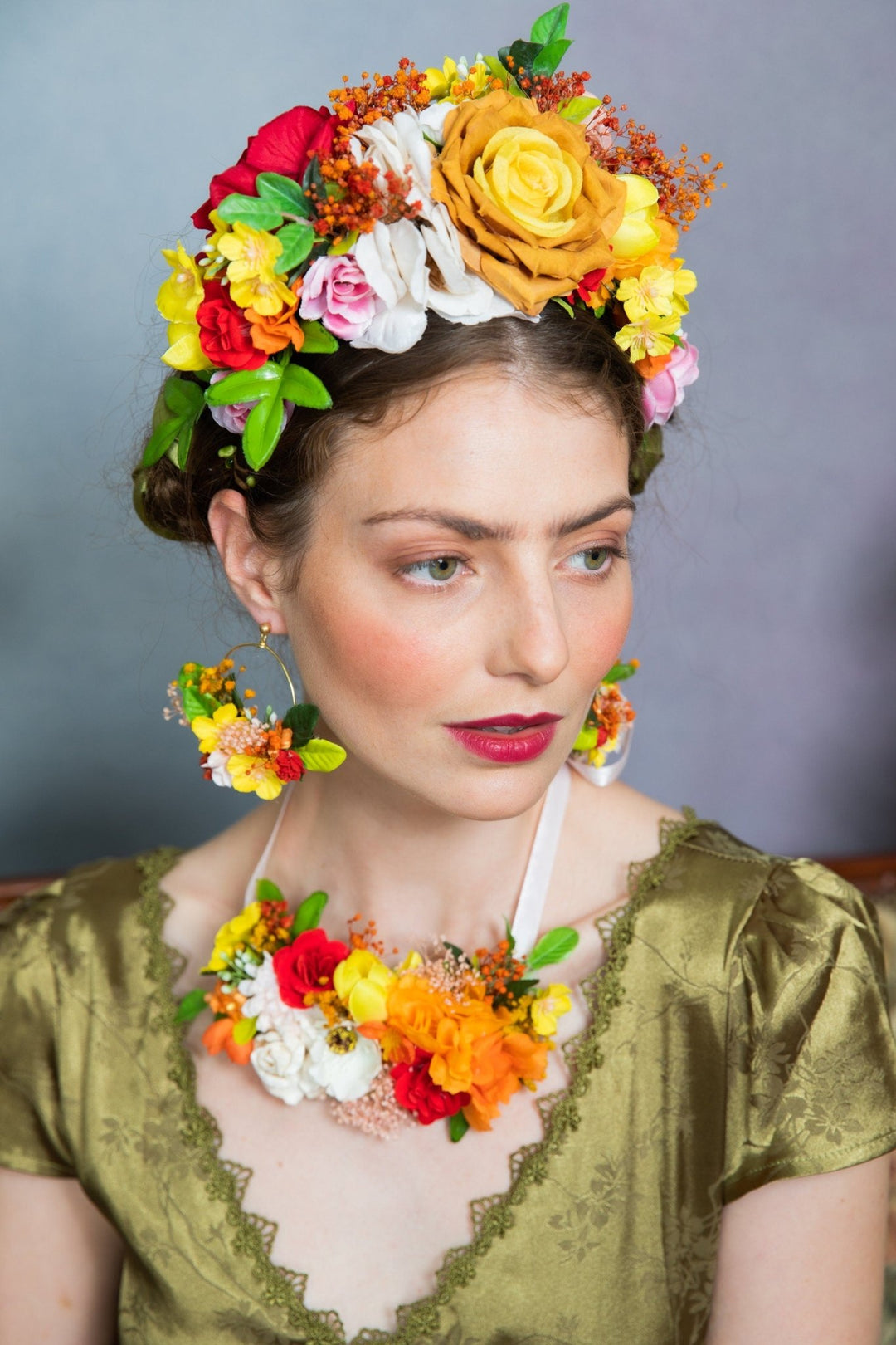 Floral Hoop Earrings: Bridal Wedding Jewelry, Orange Yellow Flowers – handmade floral hair accessory by magaela