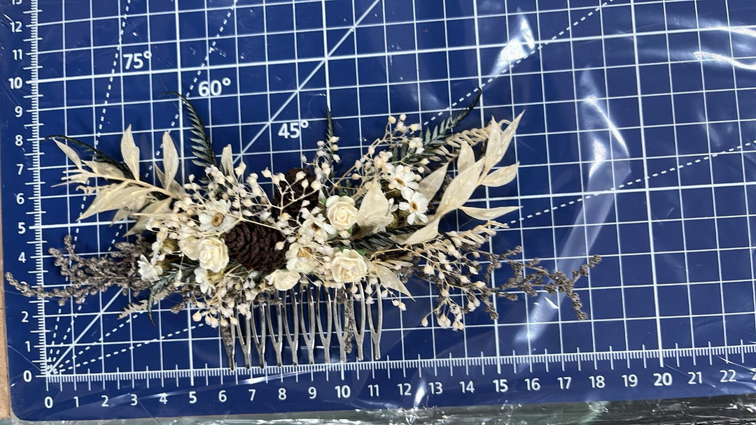 Winter Wedding Hair Comb: Pine Cone & Ivory Flower Bridal Headpiece – handmade floral hair accessory by magaela