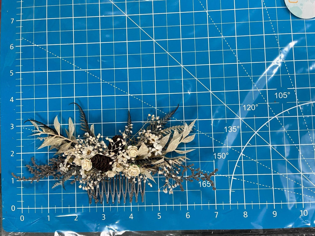 Winter Wedding Hair Comb: Pine Cone & Ivory Flower Bridal Headpiece – handmade floral hair accessory by magaela