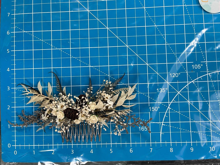 Winter Wedding Hair Comb: Pine Cone & Ivory Flower Bridal Headpiece – handmade floral hair accessory by magaela