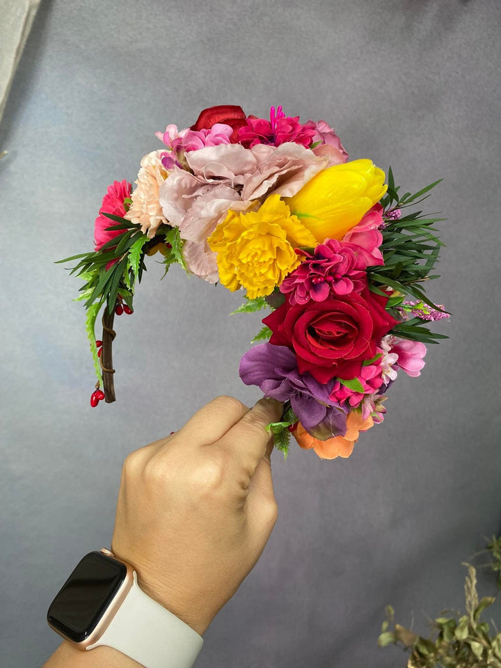 Frida Flower Headband: Colorful Floral Crown, Mexican Fiesta Bridal Hairband – handmade floral hair accessory by magaela