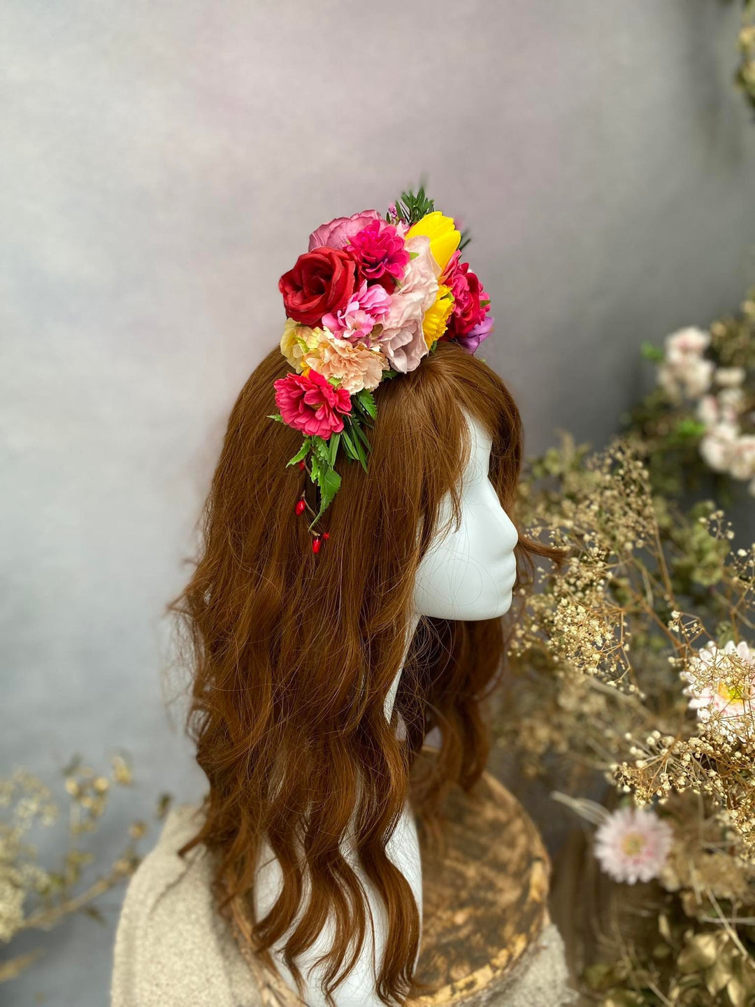 Frida Flower Headband: Colorful Floral Crown, Mexican Fiesta Bridal Hairband – handmade floral hair accessory by magaela