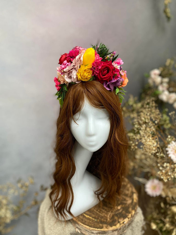 Frida Flower Headband: Colorful Floral Crown, Mexican Fiesta Bridal Hairband – handmade floral hair accessory by magaela