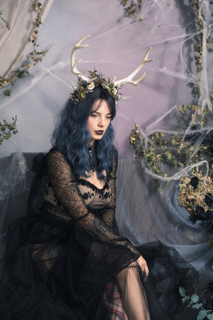 Halloween Deer Antler Crown: Black Flower Horn Headband – handmade floral hair accessory by magaela