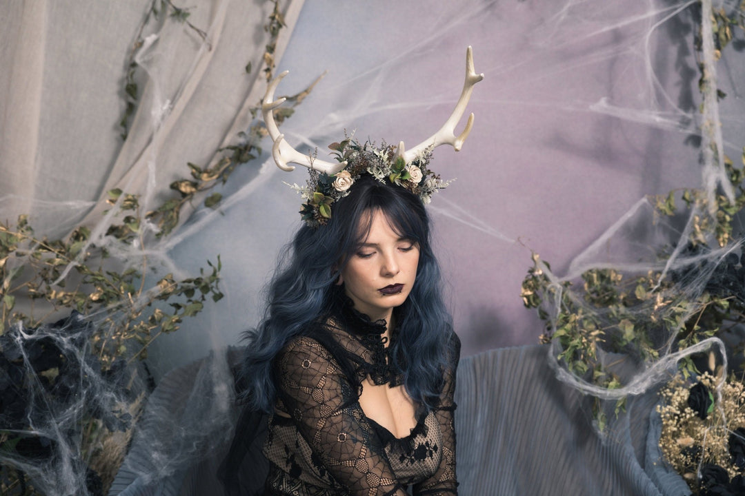 Halloween Deer Antler Crown: Black Flower Horn Headband – handmade floral hair accessory by magaela