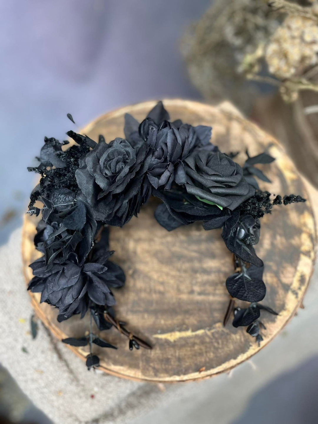 Gothic flower crown: Halloween flower black headpiece – handmade floral hair accessory by magaela