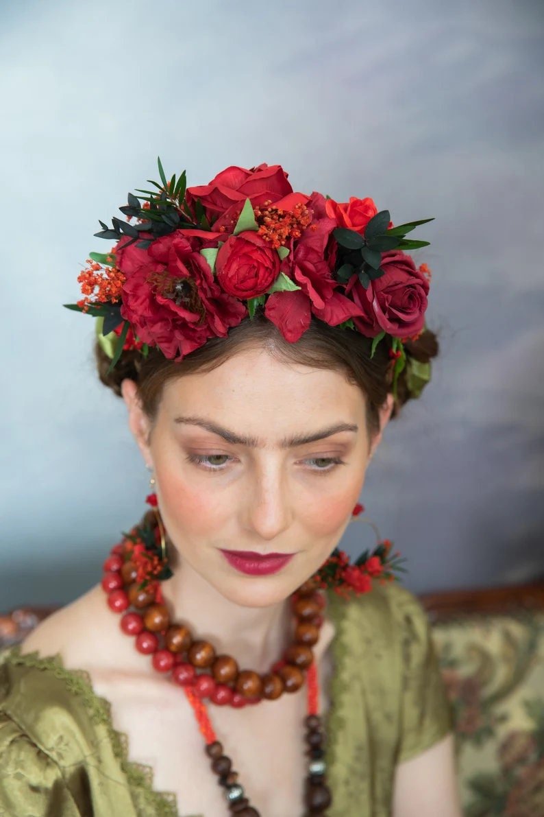 Red Frida Flower Headband: Bridal Wedding Hair Accessory – handmade floral hair accessory by magaela