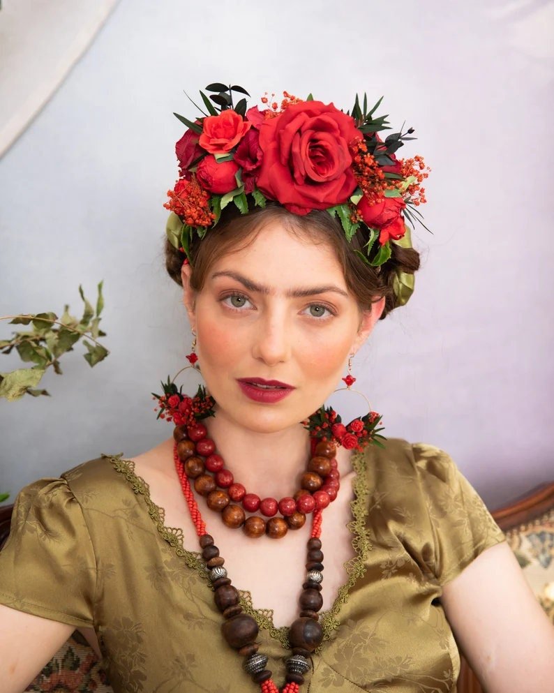 Red Frida Flower Headband: Bridal Wedding Hair Accessory – handmade floral hair accessory by magaela