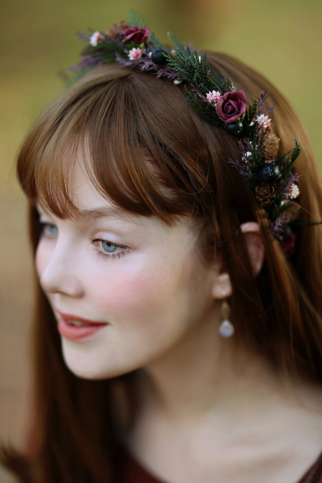 Autumn Flower Half Wreath: Woodland Bridal Crown with Pine Cones – handmade floral hair accessory by magaela