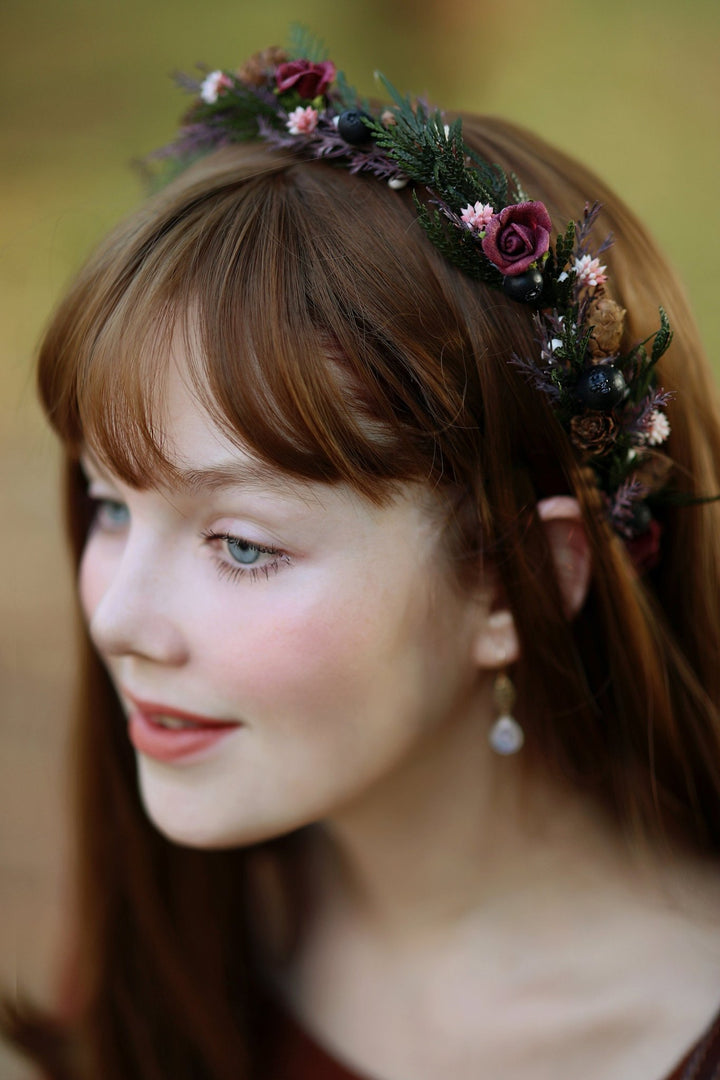 Autumn Flower Half Wreath: Woodland Bridal Crown with Pine Cones – handmade floral hair accessory by magaela