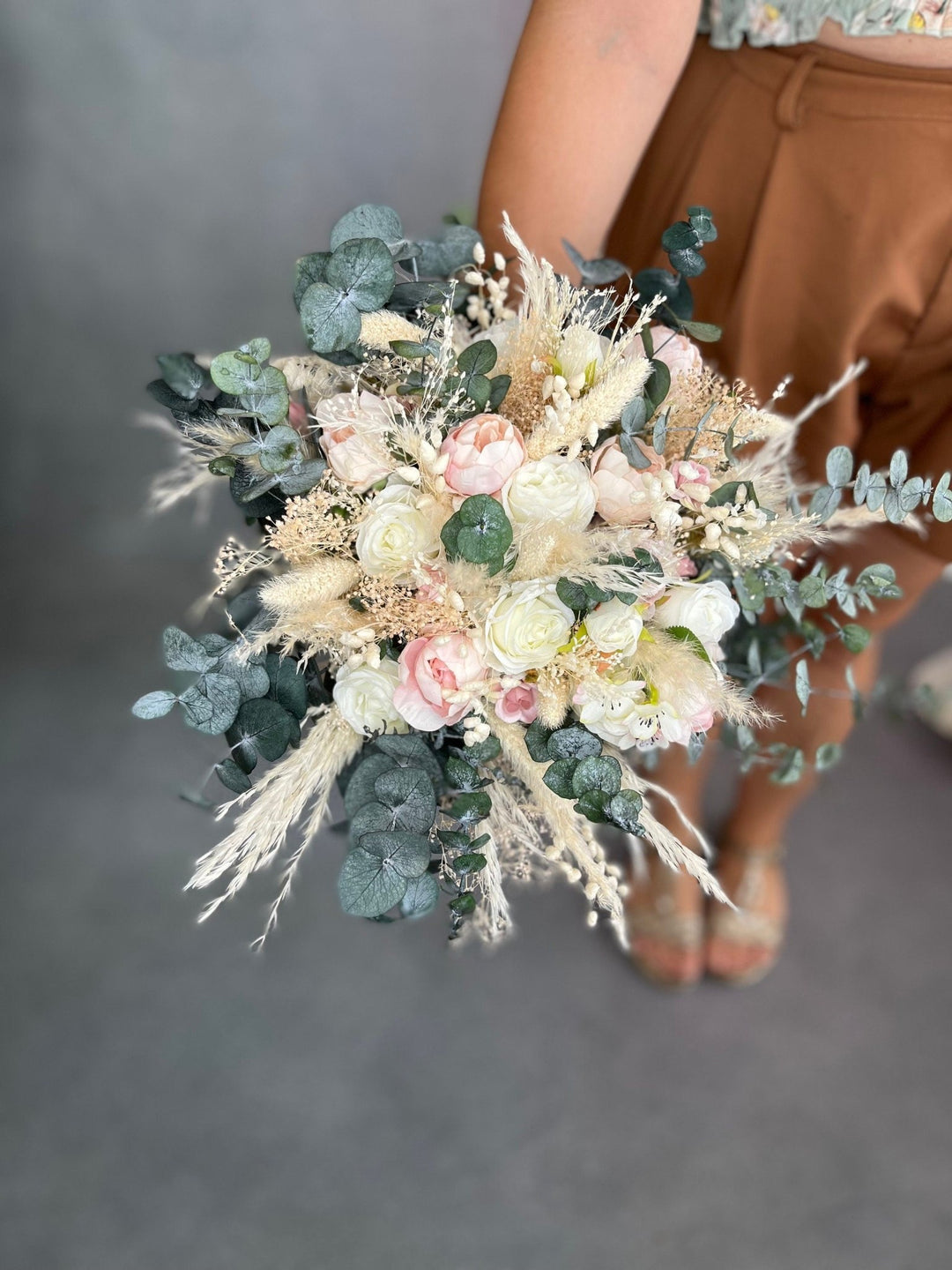 Blush Ivory Boho Wedding Bouquet: Pampas Grass & Eucalyptus – handmade floral hair accessory by magaela
