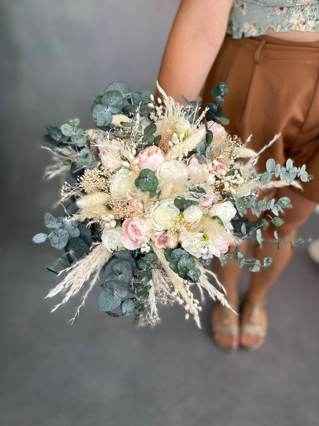 Blush Ivory Boho Wedding Bouquet: Pampas Grass & Eucalyptus – handmade floral hair accessory by magaela