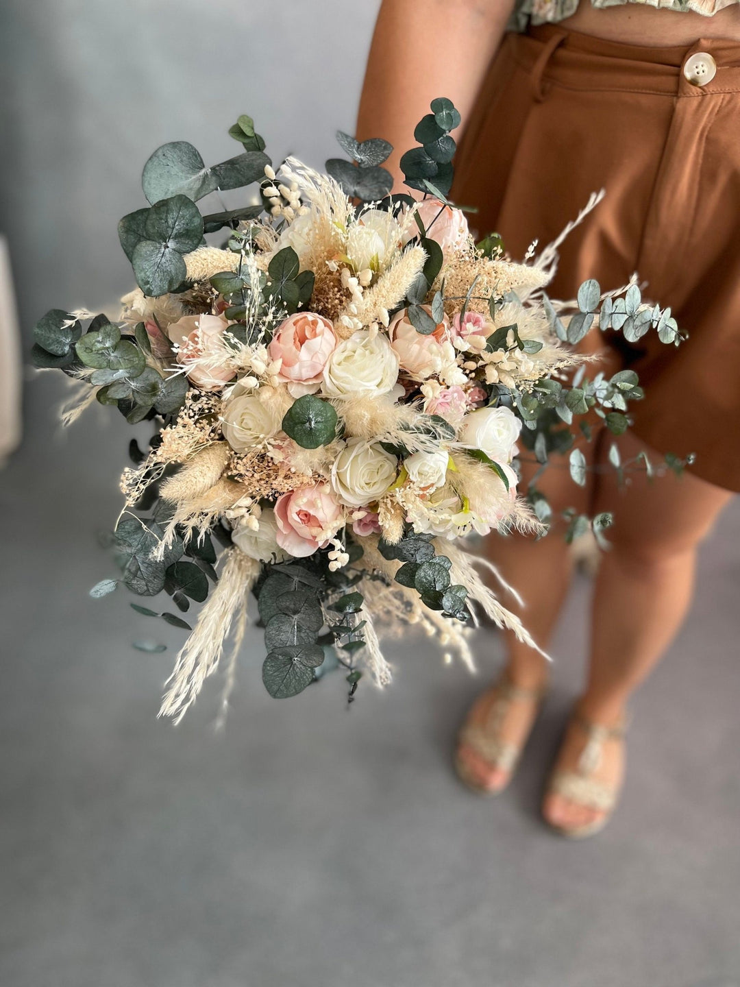 Blush Ivory Boho Wedding Bouquet: Pampas Grass & Eucalyptus – handmade floral hair accessory by magaela