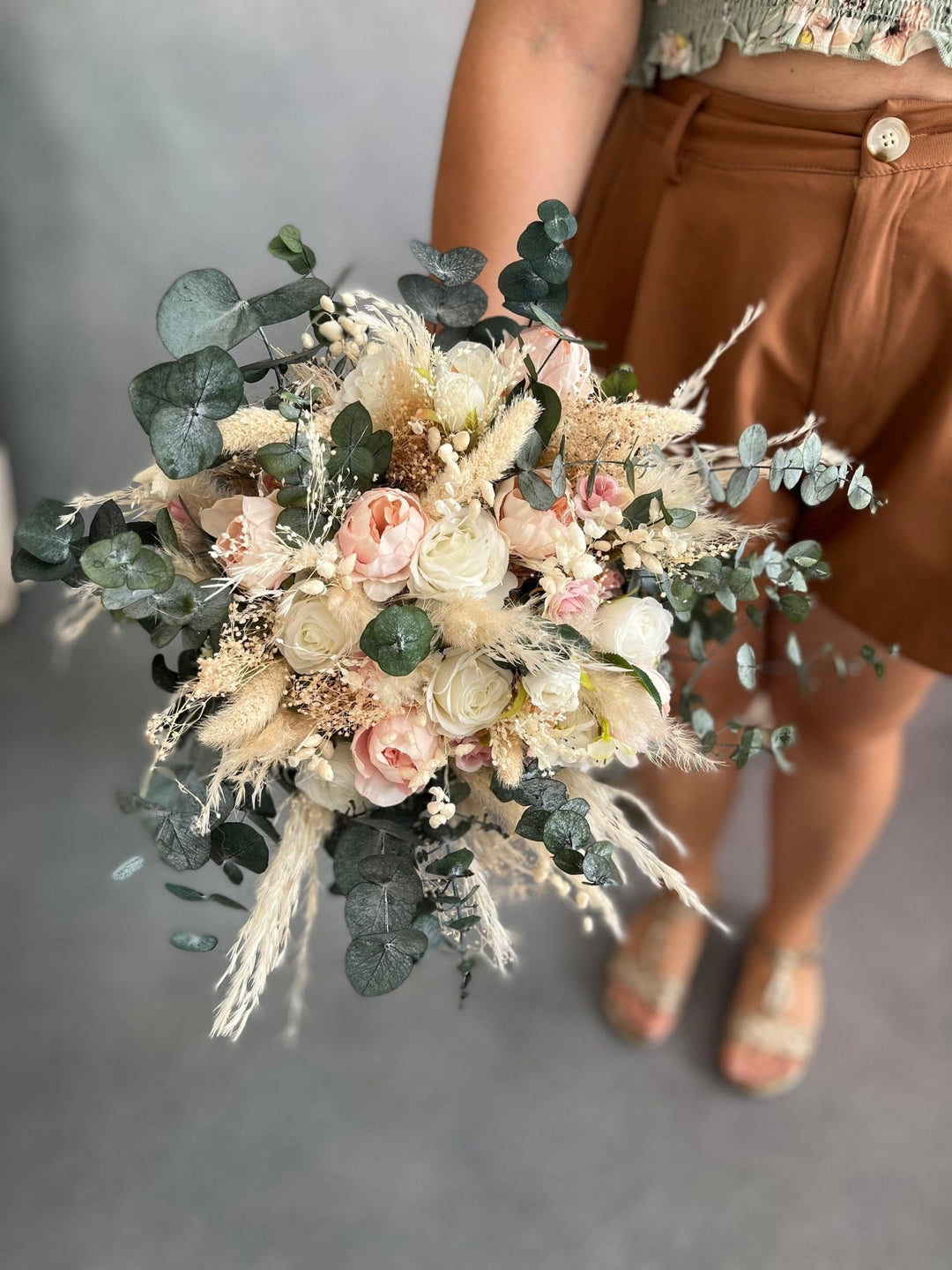 Blush Ivory Boho Wedding Bouquet: Pampas Grass & Eucalyptus – handmade floral hair accessory by magaela