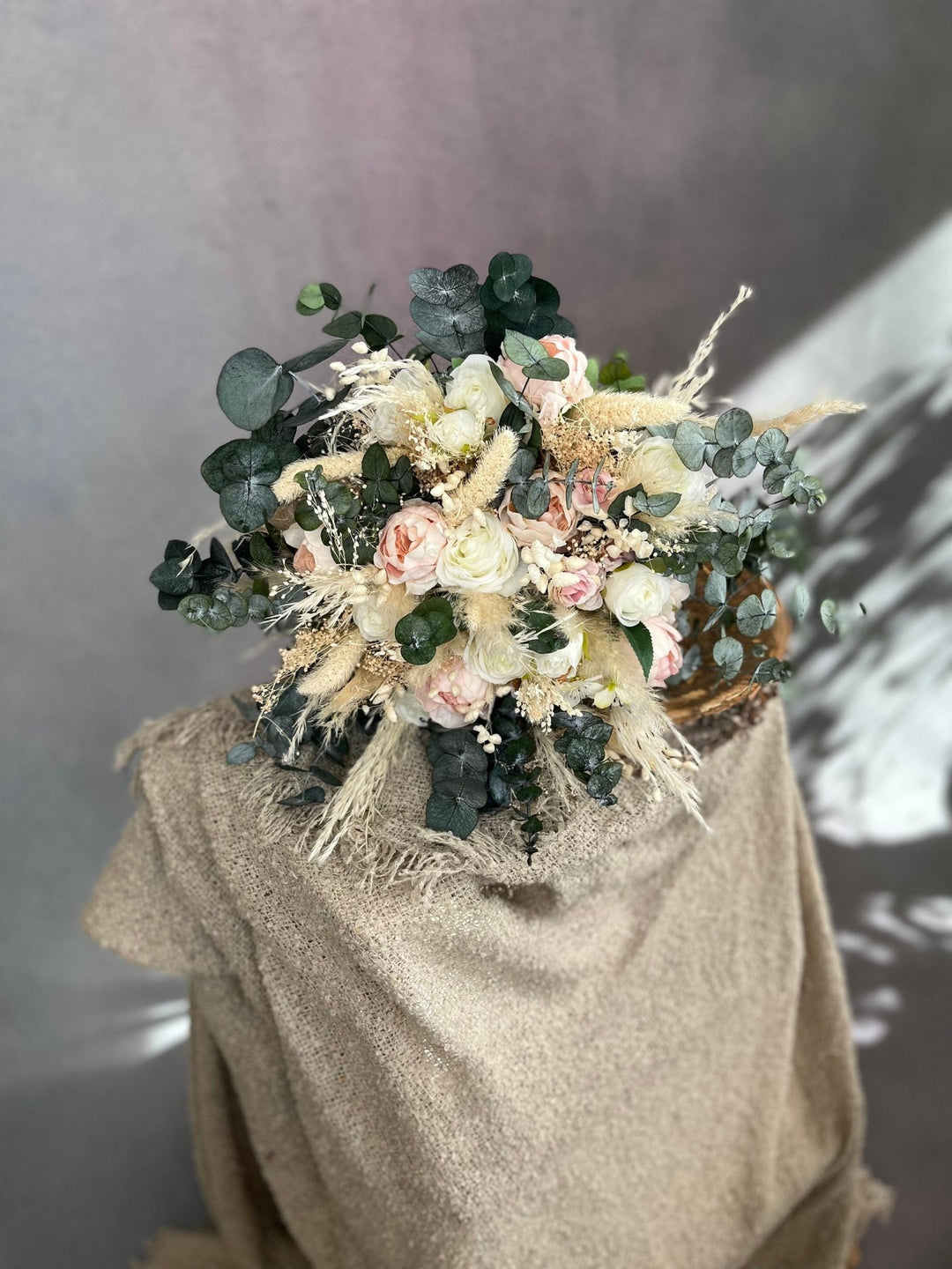 Blush Ivory Boho Wedding Bouquet: Pampas Grass & Eucalyptus – handmade floral hair accessory by magaela