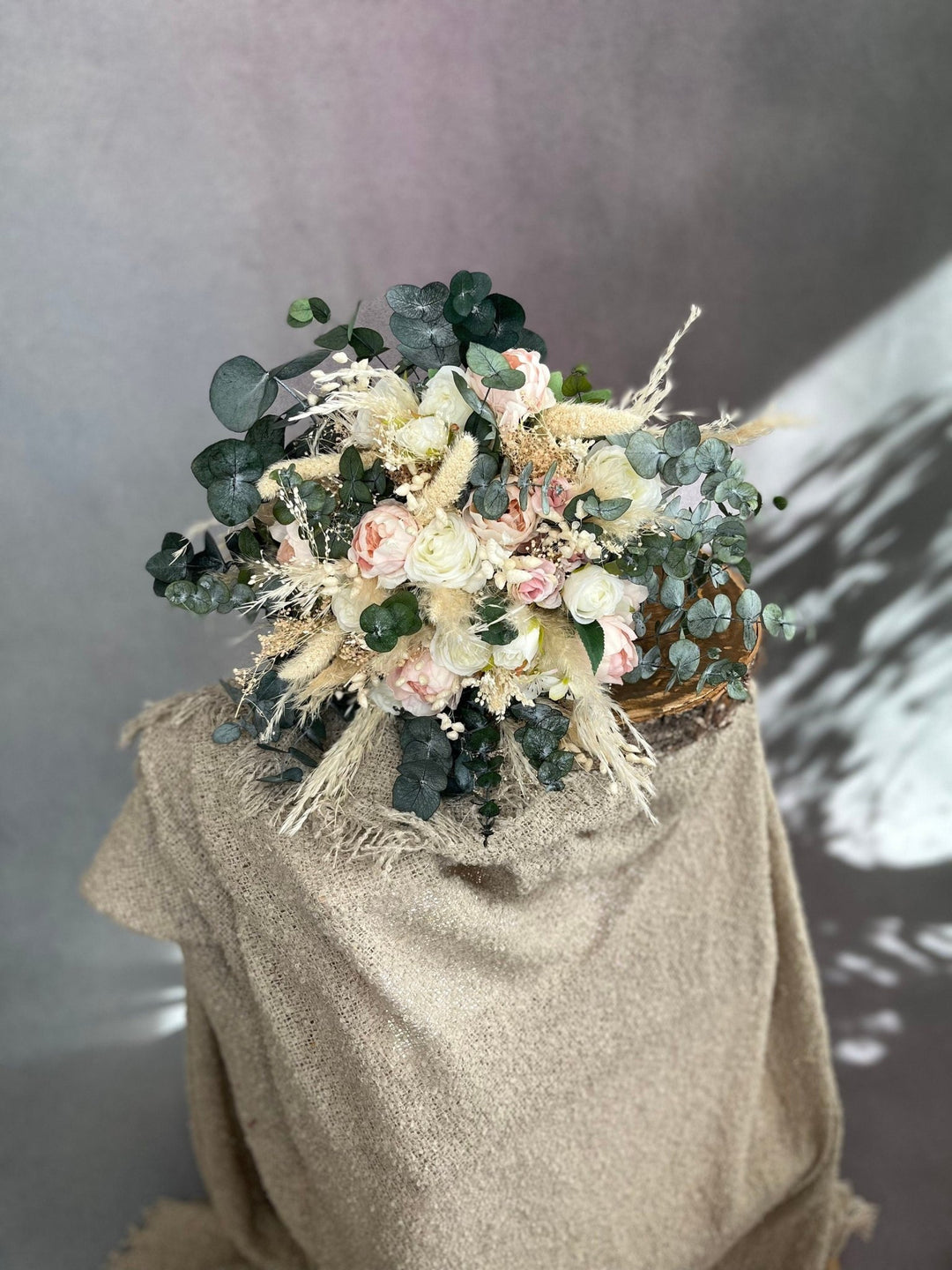 Blush Ivory Boho Wedding Bouquet: Pampas Grass & Eucalyptus – handmade floral hair accessory by magaela