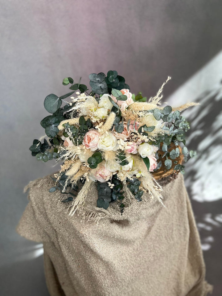 Blush Ivory Boho Wedding Bouquet: Pampas Grass & Eucalyptus – handmade floral hair accessory by magaela