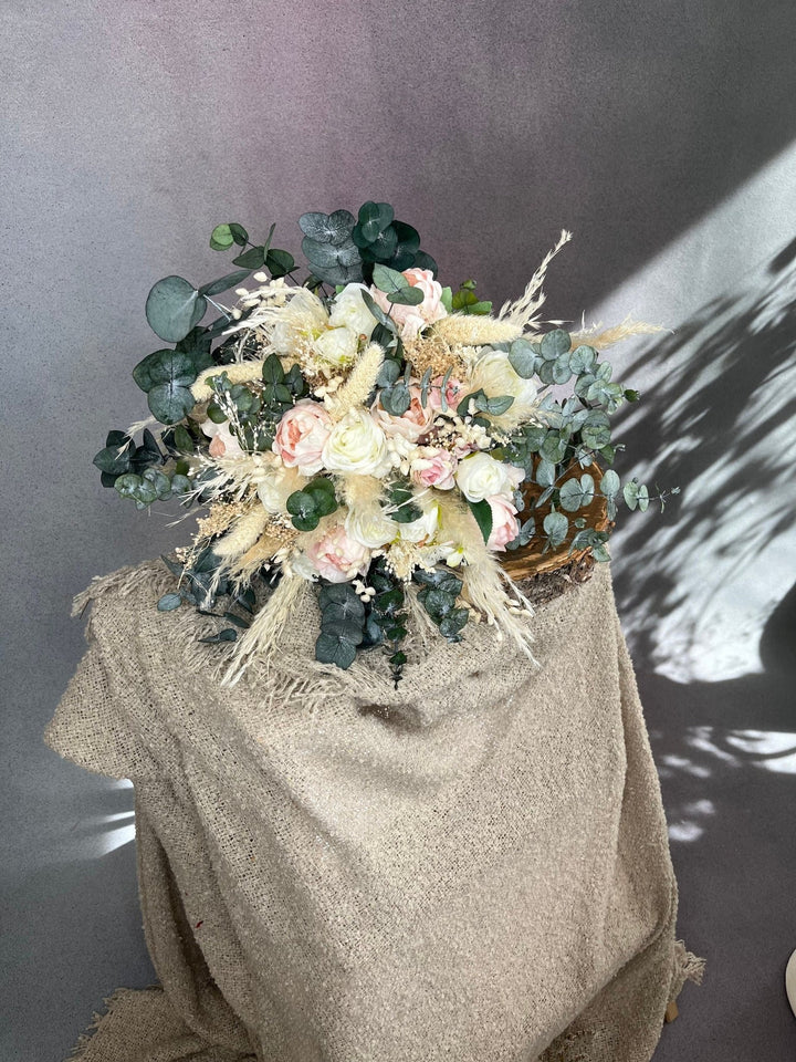 Blush Ivory Boho Wedding Bouquet: Pampas Grass & Eucalyptus – handmade floral hair accessory by magaela