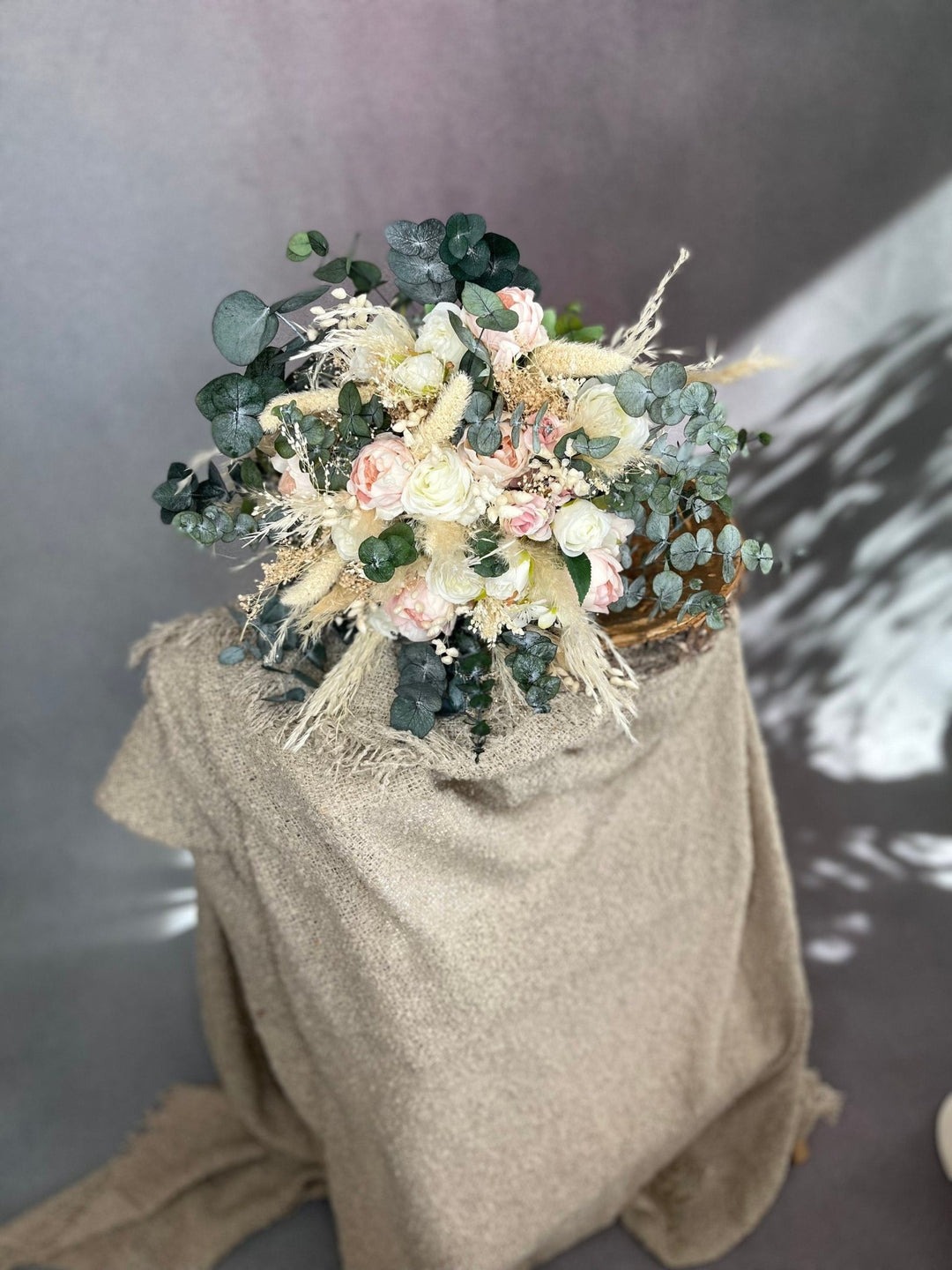 Blush Ivory Boho Wedding Bouquet: Pampas Grass & Eucalyptus – handmade floral hair accessory by magaela