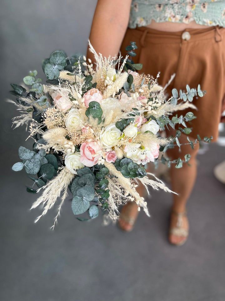 Blush Ivory Boho Wedding Bouquet: Pampas Grass & Eucalyptus – handmade floral hair accessory by magaela