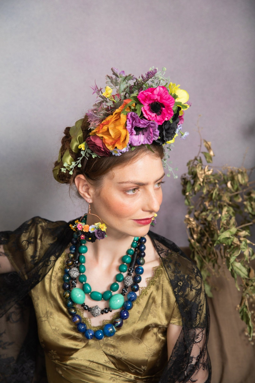 Floral Circle Dangle Earrings: Frida Style Wedding Jewelry – handmade floral hair accessory by magaela