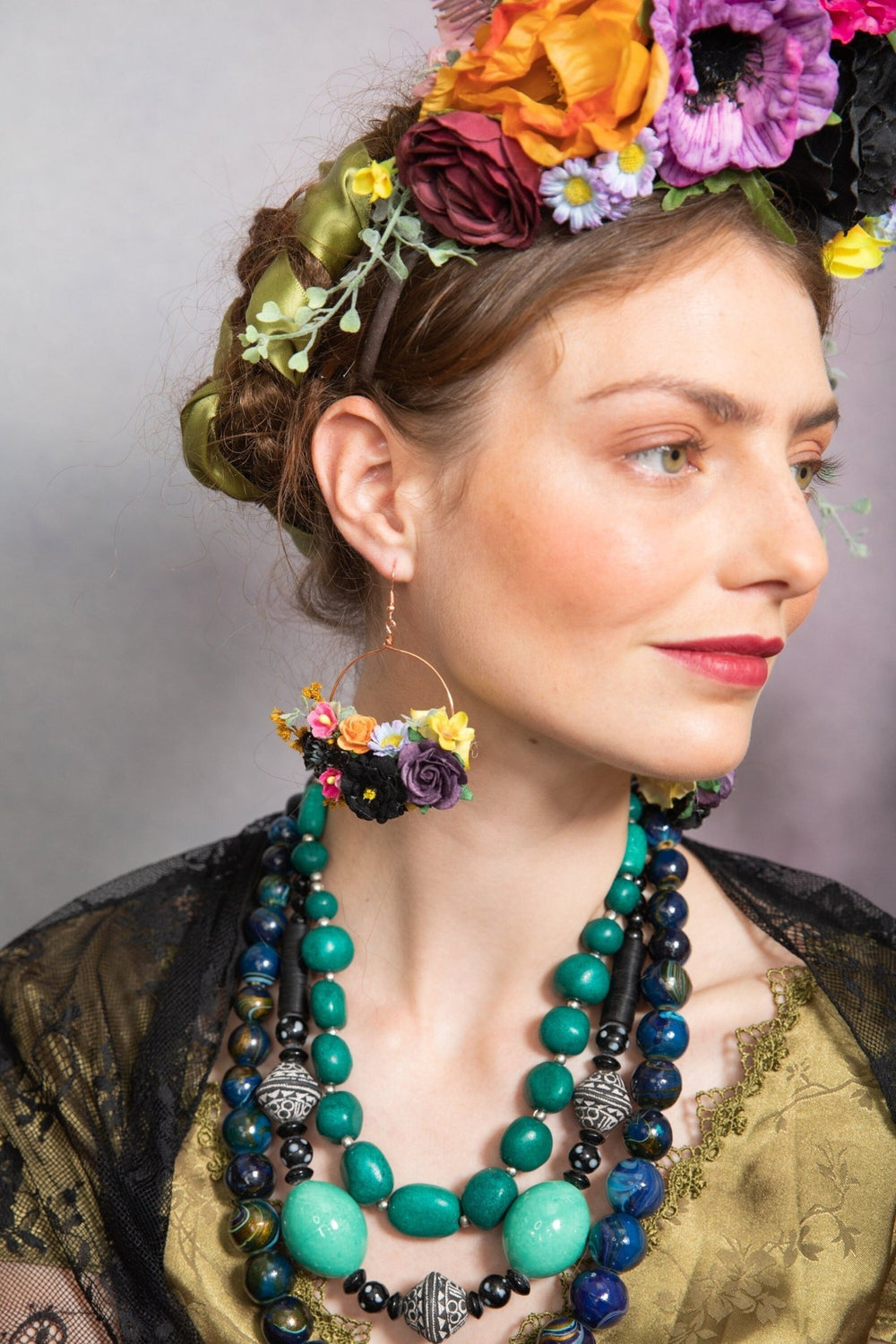 Floral Circle Dangle Earrings: Frida Style Wedding Jewelry – handmade floral hair accessory by magaela