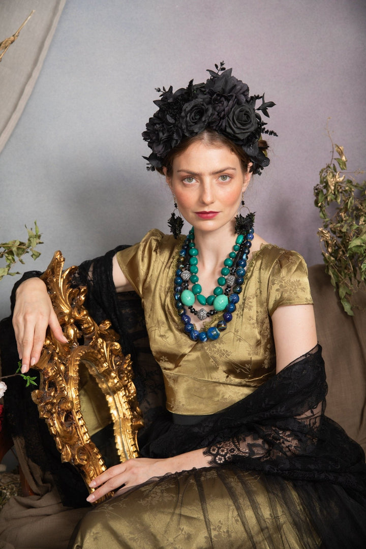 Black Flower Circle Dangle Earrings: Gothic Wedding Jewelry – handmade floral hair accessory by magaela