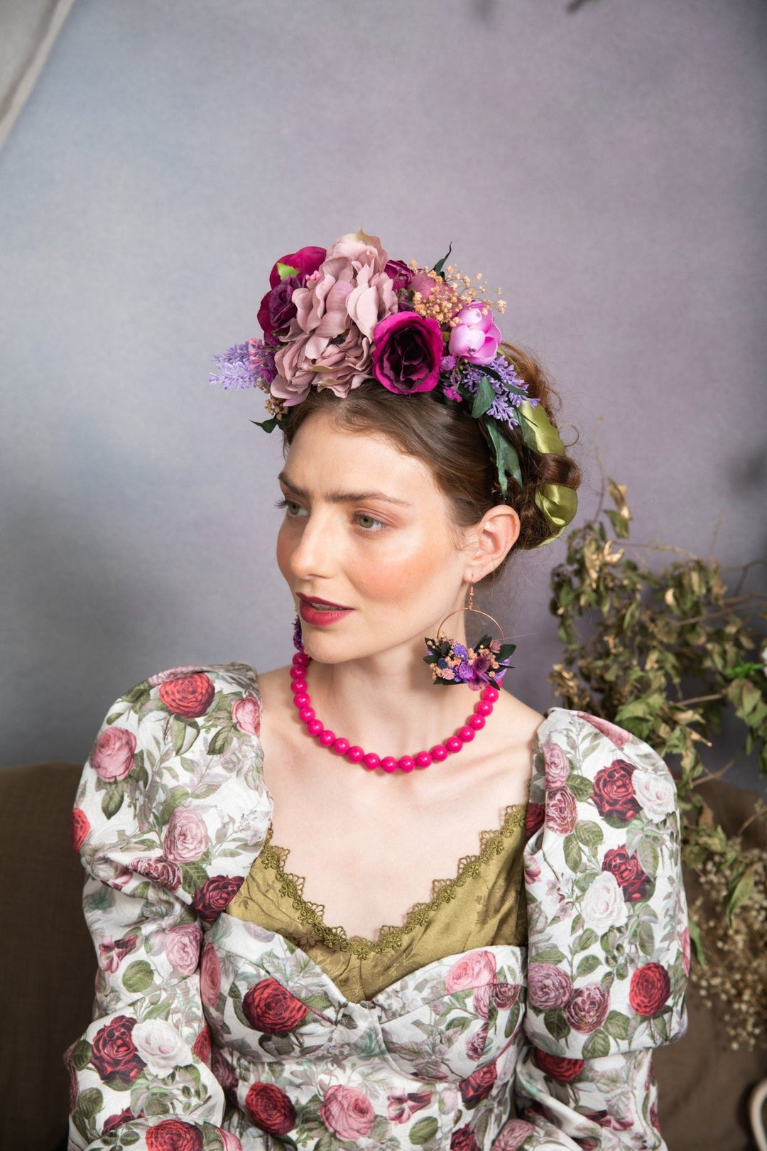 Magenta Frida Flower Headband: Purple Wedding Hair Crown – handmade floral hair accessory by magaela