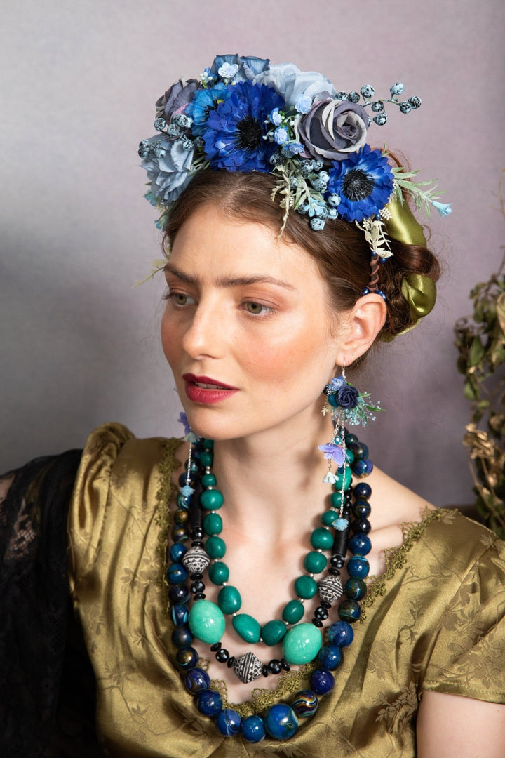 Blue Frida Flower Headband: Two - Sided Bridal Crown – handmade floral hair accessory by magaela