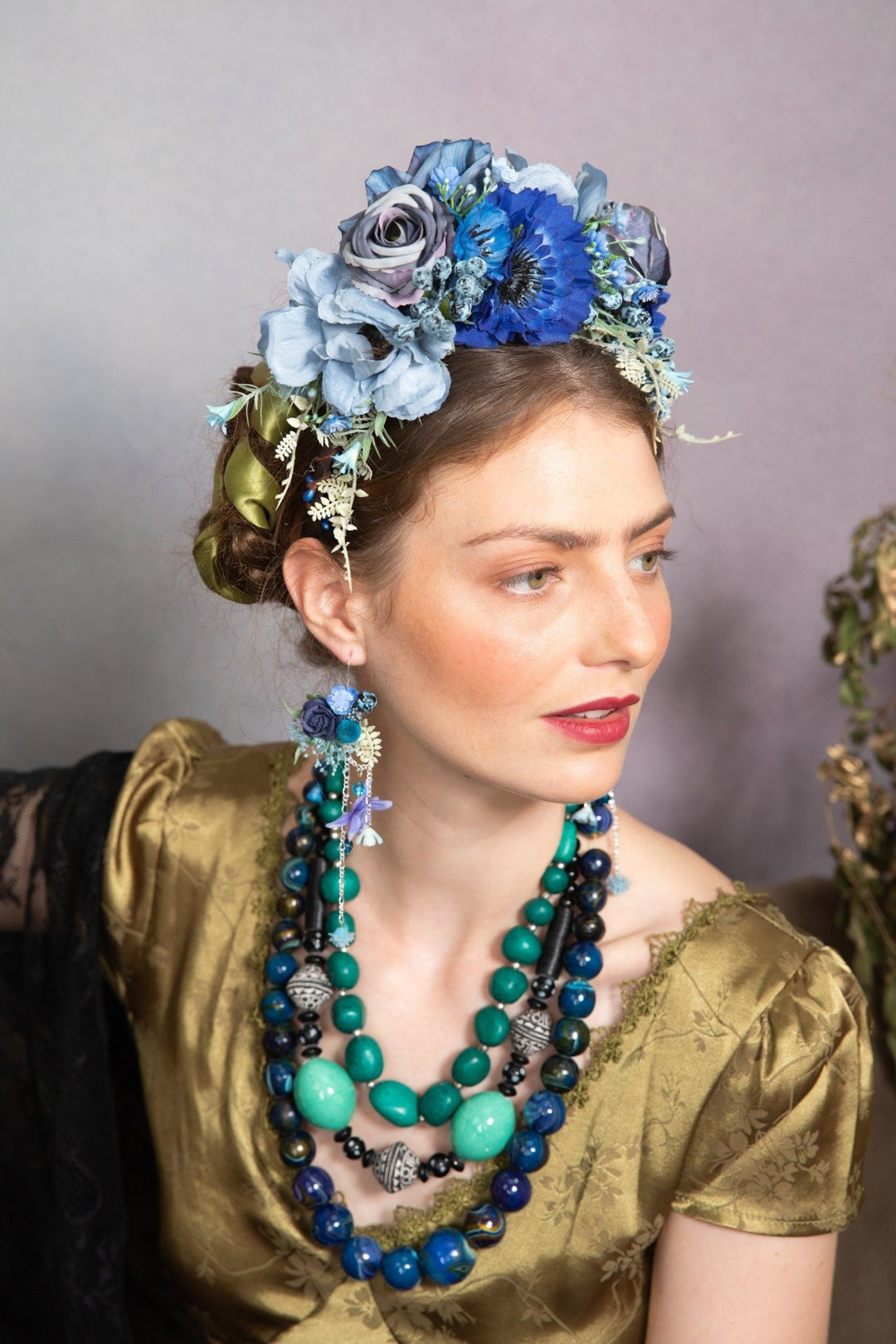 Blue Frida Flower Headband: Two - Sided Bridal Crown – handmade floral hair accessory by magaela