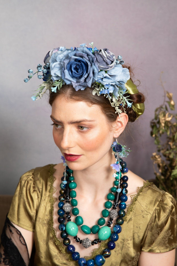 Blue Frida Flower Headband: Two - Sided Bridal Crown – handmade floral hair accessory by magaela