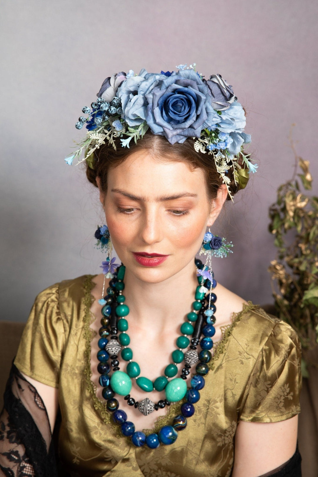Blue Frida Flower Headband: Two - Sided Bridal Crown – handmade floral hair accessory by magaela
