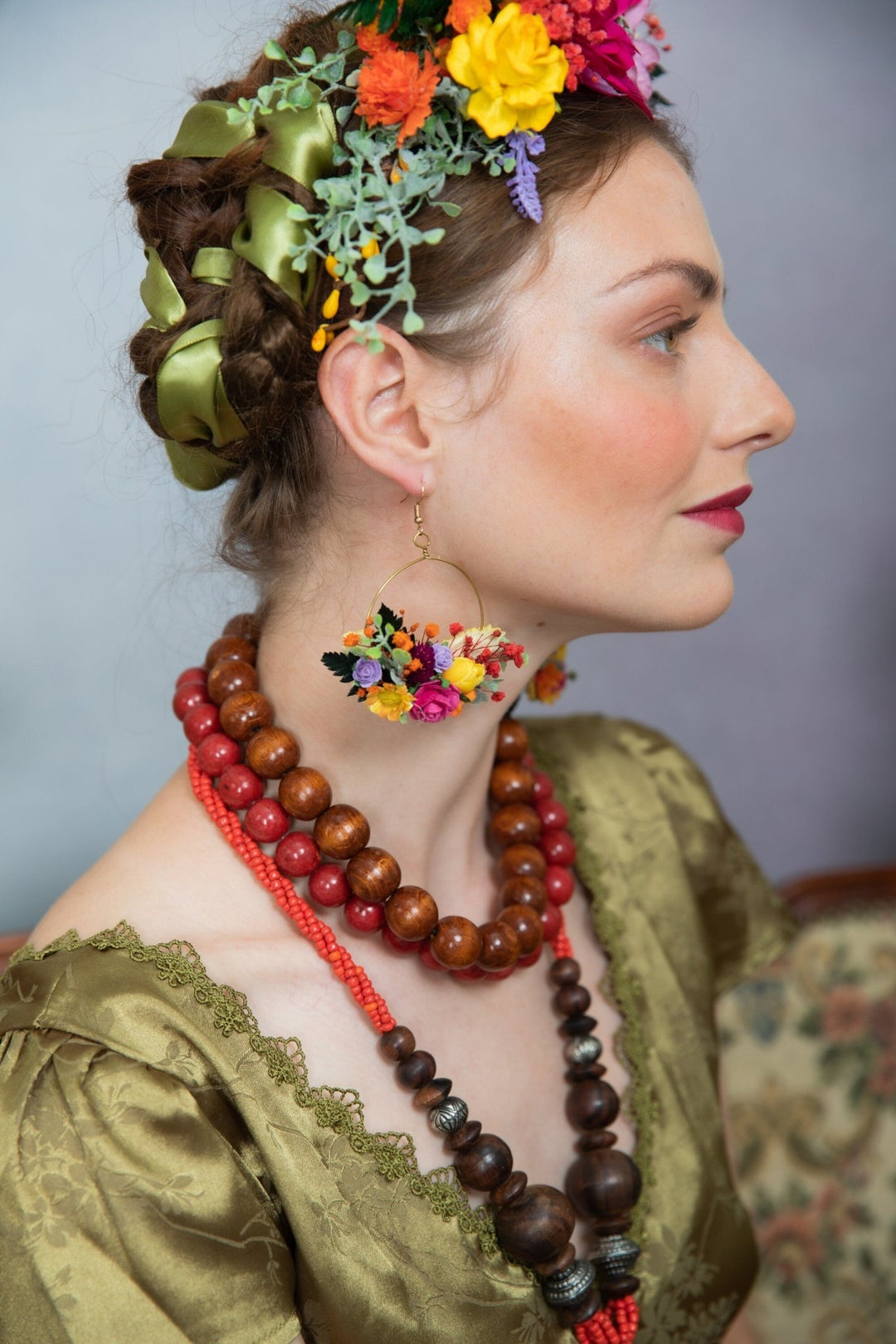 Colorful Flower Circle Earrings: Bridal Wedding Dangle Earrings – handmade floral hair accessory by magaela