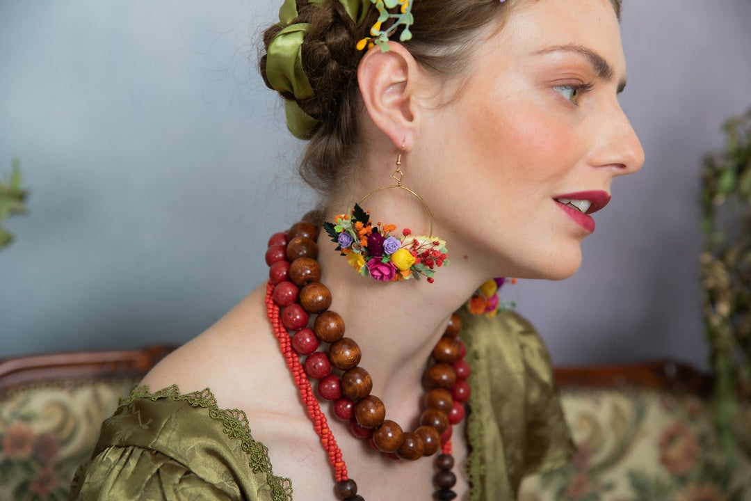 Colorful Flower Circle Earrings: Bridal Wedding Dangle Earrings – handmade floral hair accessory by magaela