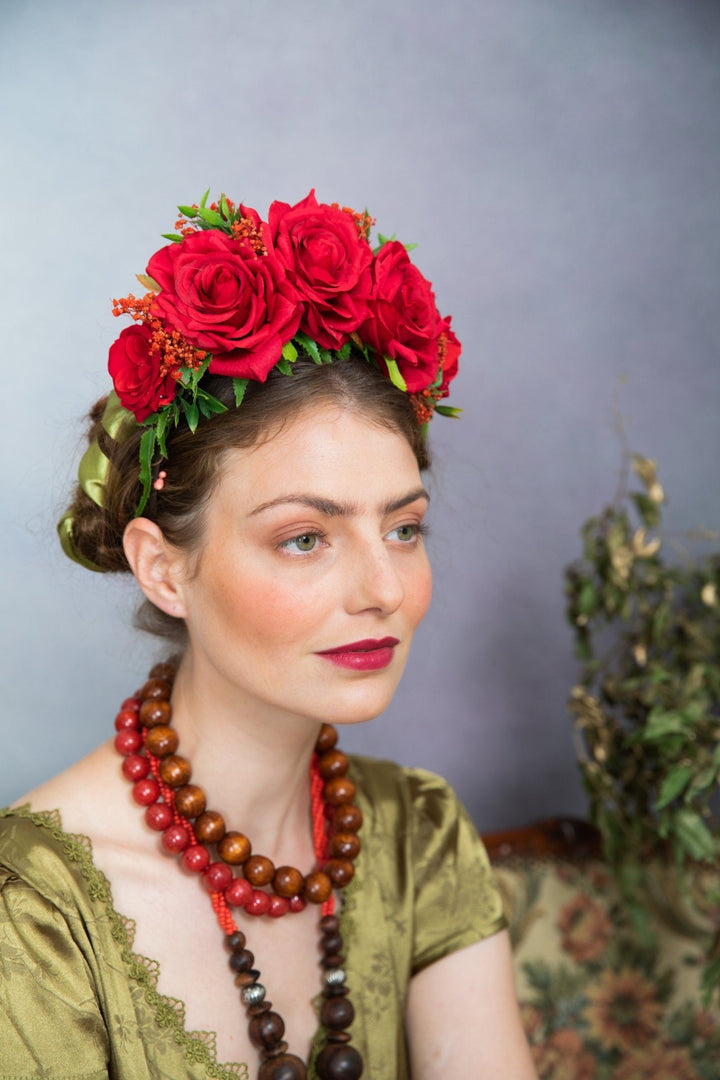 Red Frida Flower Headband: Flamenco Bridal Hair Crown – handmade floral hair accessory by magaela