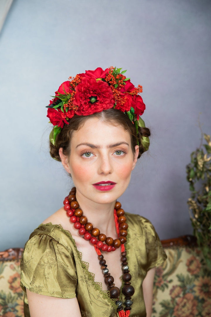 Red Frida Flower Headband: Flamenco Bridal Hair Crown – handmade floral hair accessory by magaela