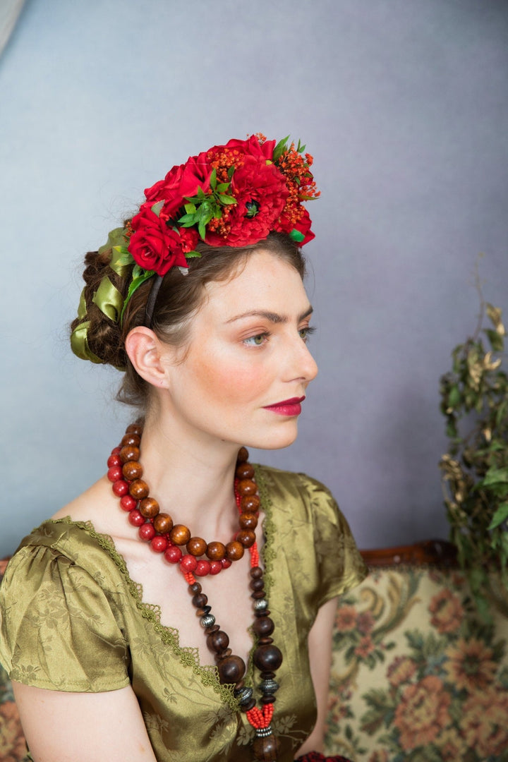 Red Frida Flower Headband: Flamenco Bridal Hair Crown – handmade floral hair accessory by magaela