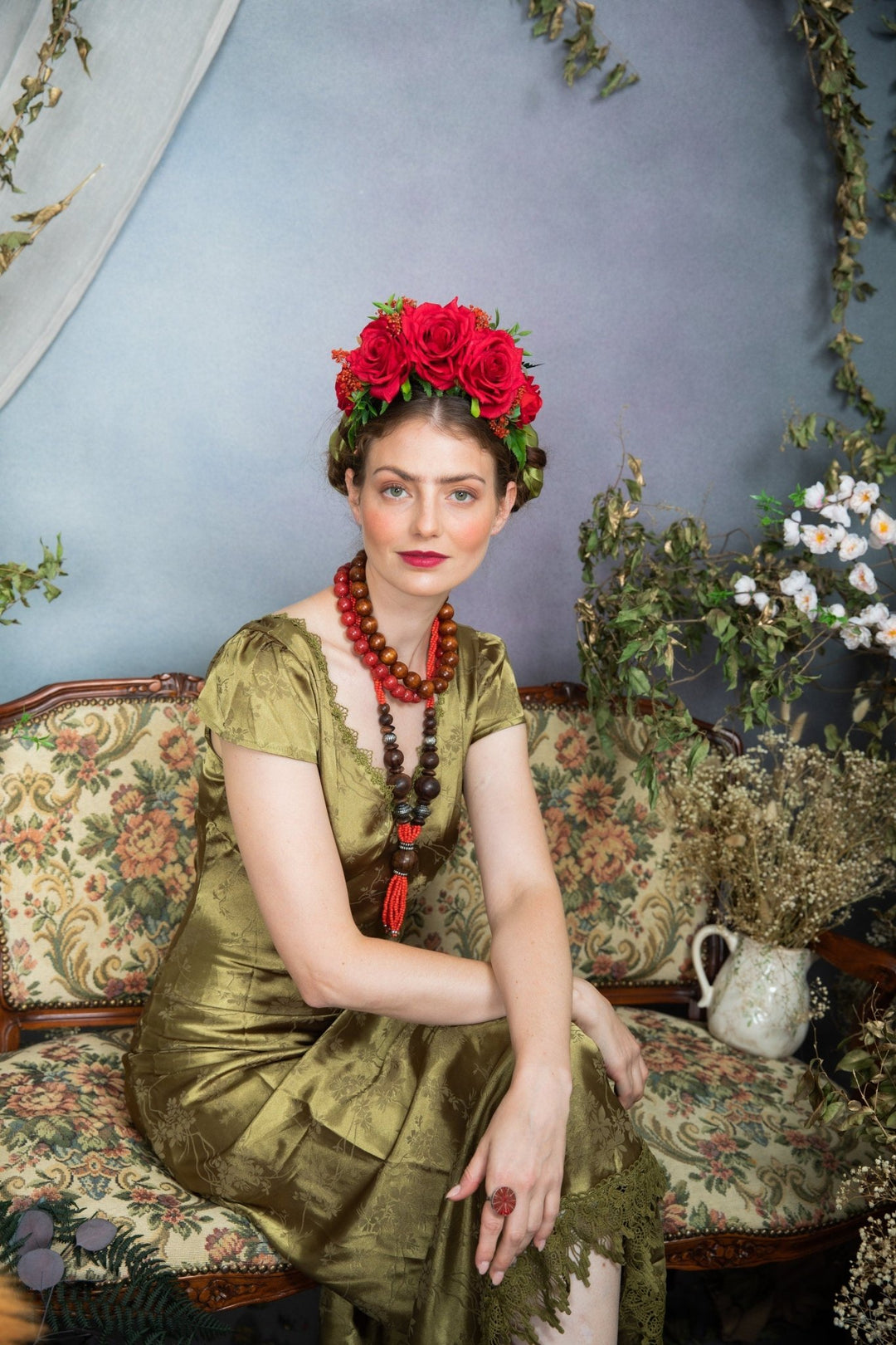 Red Frida Flower Headband: Flamenco Bridal Hair Crown – handmade floral hair accessory by magaela