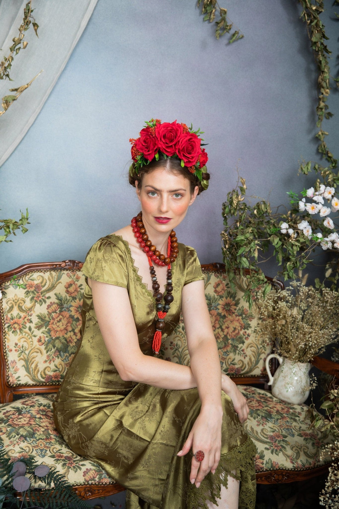 Red Frida Flower Headband: Flamenco Bridal Hair Crown – handmade floral hair accessory by magaela