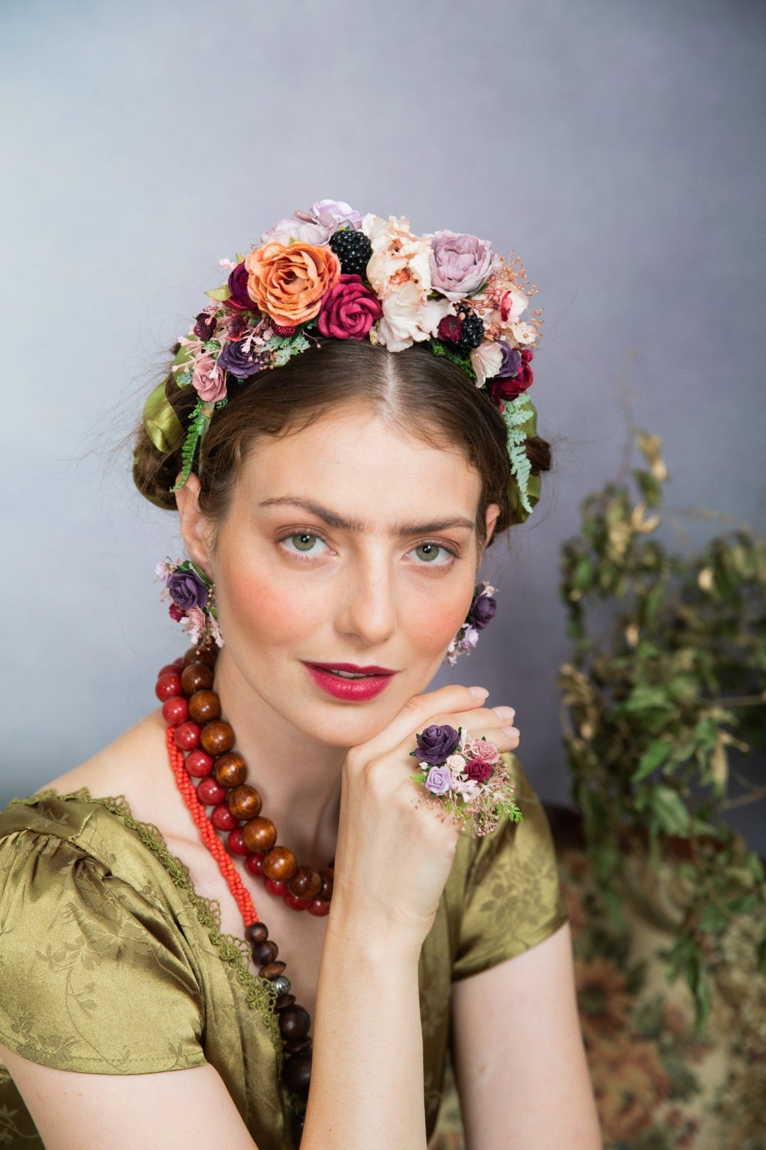 Frida Flower Headband: Purple Pink Orange Wedding Hair Accessory – handmade floral hair accessory by magaela